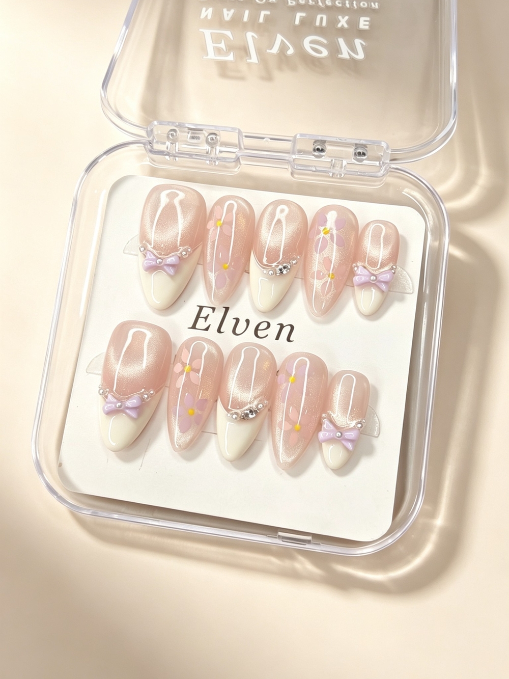 Pink Cat Eye French Tip Press On Nails With 3D Bows And Flowers Medium Almond